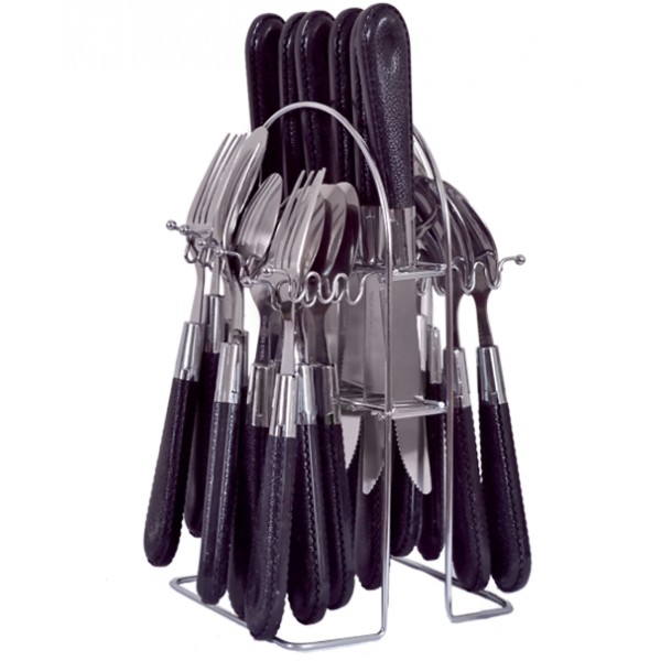 24 Pics Black Plastic Handle Cutlery Set